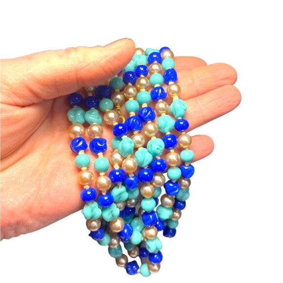 Antique Handmade CZECH Glass blue fancy bead & pearl necklace 48” LoNG - Picture 4 of 12